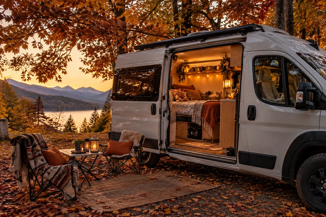 Camper preparada para viajar durante el otoño